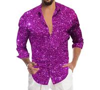 Foweknow Camicia con glitter da uomo, a maniche lunghe, per matrimoni, feste, alla moda, per il tempo libero, per l'estate e la spiaggia, hawaiani, per discoteca, festival musicali, balli di fine