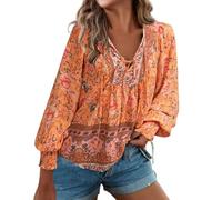 Foweknow Camicia da donna alla moda mediterranea, elegante, bohémien, motivo floreale, a maniche lunghe, estiva, leggera e ariosa, casual, con scollo a V, stile anni '70