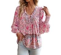 Foweknow Camicia da donna alla moda mediterranea, elegante, bohémien, motivo floreale, a maniche lunghe, estiva, leggera e ariosa, casual, con scollo a V, stile anni '70