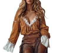Foweknow Camicia da donna alla moda mediterranea, elegante, bohémien, motivo floreale, a maniche lunghe, estiva, leggera e ariosa, casual, con scollo a V, stile anni '70
