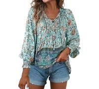 Foweknow Camicia da donna alla moda mediterranea, elegante boho motivo floreale, tunica, a maniche lunghe, estiva, leggera e ariosa, casual, con scollo a V, maglietta anni '70, Blu, XXL