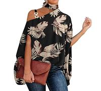 Foweknow Camicia da donna alla moda mediterranea, elegante top da donna, con allacciatura al collo, maniche a pipistrello, camicetta estiva casual, con stampa a spalle scoperte, cachi, XXL