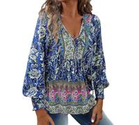 Foweknow Camicia da donna in stile mediterraneo elegante boho con motivo floreale tunica a maniche lunghe estiva leggera e ariosa camicia da spiaggia casual con scollo a V camicetta anni '70 top, Blu