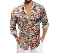 Foweknow Camicia da uomo hippie anni '70, vestibilità regular fit, floreale, camicia business, fiori, camicia hawaiana, maniche lunghe, camicia casual, button down, stampa, magliette, disco anni '80
