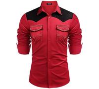 Foweknow Camicia in jeans da uomo con ricamo Western Cowboy Camicia hippie, a maniche lunghe, a scatto per il tempo libero, alla moda, patchwork, versatile slim fit, multifunzione, Colore: rosso, M