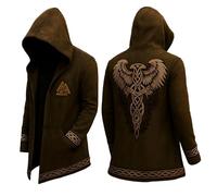 Foweknow Cardigan da uomo con cappuccio vichingo, mito nordico, per uomo, lunghezza media, cardigan con cappuccio, stampa 3D, per il tempo libero, medievale, da motociclista, marrone, S