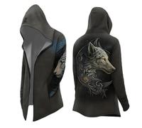 Foweknow Costume da vichingo, da uomo, lunghezza media, con cappuccio, mito nordico, stampa 3D, cardigan con cappuccio, per cosplay, mantelle, cardigan, hipster lungo, giacca da motociclista, grigio