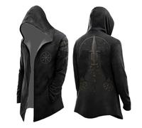 Foweknow Costume da vichingo, da uomo, lunghezza media, con cappuccio, mito nordico, stampa 3D, cardigan con cappuccio, per cosplay, mantelle, cardigan, hipster lungo, giacca da motociclista, Nero , L