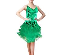 Foweknow Gatsby - Abito da donna anni '20, con paillette, con scollo a V, con spalline sottili, in latino, per ballo, per carnevale, per feste, verde, Taglia unica
