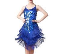 Foweknow Gatsby - Abito da donna anni '20, con paillette, con scollo a V, con spalline sottili, in latino, per ballo, per carnevale, per feste, Blu, Taglia unica