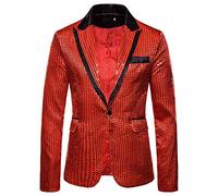 Foweknow Giacca con brillantini, da uomo, per matrimoni, feste, paillettes, slim fit, un bottone, per smoking, da uomo, per feste, per il tempo libero, per lo sport all'aria aperta, Colore: rosso, XL