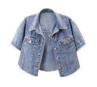 Foweknow - Giacca di jeans da donna a maniche corte, giacca in denim a una spalla, giacca estiva, giacca leggera a una fila, con revers, giacca in denim alla moda, giacca primaverile, oversize