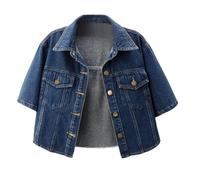 Foweknow - Giacca di jeans da donna a maniche corte, giacca in denim a una spalla, giacca estiva, giacca leggera a una fila, con revers, giacca in denim alla moda, giacca primaverile, oversize
