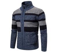 Foweknow Giacca tradizionale da uomo, in pile, a maniche lunghe, a righe, leggera, moderna, per il tempo libero, con colletto alto, termico, calda, giacca in pile, Blu, 3XL