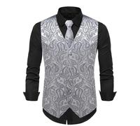 Foweknow Gilet da uomo Cravatta Pocket Square 3 pezzi Paisley Jacquard Giubbotto classico slim fit giacca outdoor semplice versatile gilet casual matrimonio balli abiti, argento, XL