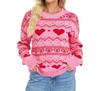 Foweknow Maglione da donna con stampa a cuore, con scollo rotondo, leggero, caldo, a maniche lunghe, casual, per attività all'aria aperta, alla moda, Rosa acceso., XL