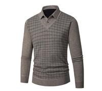 Foweknow Maglione da uomo in pile a quadri, semplicità, finto in due pezzi, versatile, alla moda, vintage, per il tempo libero, per il lavoro, per tutti i giorni, beige., XL