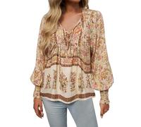 Foweknow Moda mediterranea per donna camicia da donna elegante boho motivo floreale tunica a maniche lunghe estiva leggera e ariosa camicia da spiaggia casual con scollo a V camicetta outfit anni '70