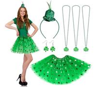 Foweknow St.Patrick's Day - Set di accessori per costume da donna, collana, orecchini, gonna in tulle, 4 pezzi, per adulti, costume da festa irlandese, gonna in tulle, verde, Taglia unica