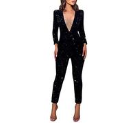 Foweknow Tuta da donna elegante, lunga, sexy, per carnevale, costume da donna, con paillettes, in rete, patchwork, scollo a V, gamba larga, body, Nero , M