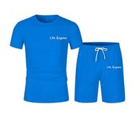 Foweknow Tuta da jogging da uomo, set da 2 pezzi, a maniche corte, estiva, Los Angeles, stampa da lettera, Y2K, Hip Hop, Streetwear da uomo, set da tuta sportiva, Blu, M