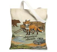 Fox Canvas Tote Bag per le donne, Adventure Nature Bear Truck Summer Brown Lavabile Riutilizzabile Piccole Borse Tote per Shopping Brun, Marrone, 13x15 Inch