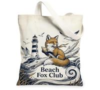 Fox Canvas Tote Bag per le donne, Coastal Fanciful Lighthouse Seagulls Summer Beige Lavabile Riutilizzabile Piccola Borsa Tote Idee per, Beige, 13x15 Inch