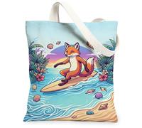 Fox Canvas Tote Bag per le donne, estate tropicale surf onde onde estate blu lavabile riutilizzabile mercato tote bag idee per Tra, Blu, 13x15 Inch