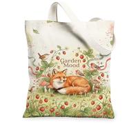 Fox Canvas Tote Bag per le donne, natura fantasiosa fragole uccelli primavera verde lavabile riutilizzabile borse della spesa idee per Sh, Verde, 13x15 Inch