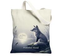 Fox Canvas Tote Bag per le donne, Natura Serene Moon Acqua Nessuno Grigio Lavabile Riutilizzabile Quotidiano Tote Bags Idee per lo Shopping T, Grigio, 13x15 Inch