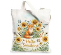 Fox Canvas Tote Bag per le donne, primavera fantasioso girasole farfalla primavera giallo lavabile riutilizzabile shopping bag per Shoppin, Giallo, 13x15 Inch
