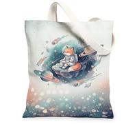 Fox Canvas Tote Bag per le donne, spaziale fantasioso astronauta pianeti blu lavabile riutilizzabile estetica Tote Bag Idee per fuori, Blu, 13x15 Inch
