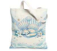 Fox Canvas Tote Bag per le donne, Summer Fantasiful conchiglie fiori estate blu lavabile riutilizzabile grafica Tote Bag per lo shopping B, Blu, 13x15 Inch
