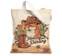Fox Canvas Tote Bag per le donne, Western Rustic Cowboy Hat Cactus autunno marrone lavabile riutilizzabile estetico Tote Bags Idee per, Marrone, 13x15 Inch