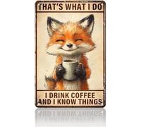 Fox Coffee Vintage "Bevo caffè e so cose", dipinto, casa, cucina, garage, caverna dell'uomo, decorazione da parete, targa artistica, poster, cartello in latta, 8x12 pollici
