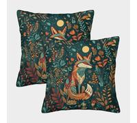 Fox in Forest-Artistic Folk Style Illustration Federe Cuscini Per Divano Decorative Art Fodere Per Cuscini 2 Pezzi Quadrate Con Cerniera Invisibile Sedia Camera Da Letto 50x50cm