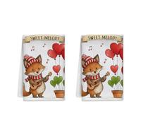 Fox - Set di 2 asciugamani da cucina fantasiosi cuori giocosi note musicali San Valentino in microfibra rossa ad asciugatura rapida, strofinacci per piatti e bar, decorazione per bar, 40,6 x 61 cm
