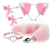 Fox Tail Anal Plug Cat Ears Headbands Set Adult Games Nipple Clip Neck Collar Erotic Cosplay Sex Toys For Women(Pink)