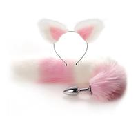 Fox Tail Anal Plug Cat Ears Headbands Set Adult Games Nipple Clip Neck Collar Erotic Cosplay Sex Toys For Women(Pink 2pcs)