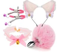 Fox Tail Anal Plug Metal Butt Plug Tail Cat Ears Headbands Bell Collar Mouth Plugs Erotic Cosplay Set Intimate Toys For Couples(L-4pcs)