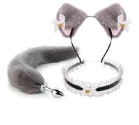 Fox Tail Anal Plug Metal Butt Plug Tail Cat Ears Headbands Bell Collar Mouth Plugs Erotic Cosplay Set Intimate Toys For Couples(N-3pcs)