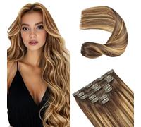 FoxFace Extension di capelli umani con clip, extension spesse dalla radice alla punta, capelli naturali, balayage da castano cioccolato a biondo caramello, 45,7 cm, 120 g, 7 pezzi