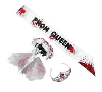FOYTOKI Set Costume da Sposa per Halloween Spettrale e Bouquet Fascia Insanguinata Plastico e Tessuto, per Feste a Tema Horror