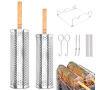 Foyucool Set di Cestello per Grigliare, 2 Pz Cestini per Barbecue Rotante, Design Annidabili, in Acciaio Inox Ispessito, Manico in Legno Rimovibile, per Barbecue, Campeggio, per Carne e Verdure