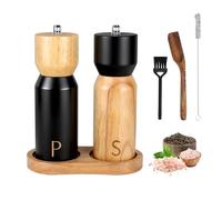 Foyucool Set in Legno Macina Sale e Pepe con Vassoio, Macinapepe Manuale da 15 cm Regolabile, Nucleo in Ceramica, Nero e Naturale