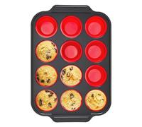 Fozriybefy Stampo per Muffin In Silicone con Telaio In Metallo, Stampi In Silicone per di Uova per Cottura al Forno, Stampi per Cupcake 12 Dimensioni Regolari Rosso