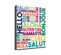 FQHIDMOMX Educational Poster Hello in Many Languages World Chart Canvas Wall-Art for Office Study Room Decor(Framed,12x18inch(30x45cm))