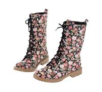 FQLGJMY donna mezzo vitello ginocchio alto cowboy combattere stivali Vintage etnico fiore design in pelle pizzo fino tondo dita del piede grosso tacchi bassi stivali da cavallo Boho inverno autunno