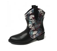 FQLGJMY donna mezzo vitello ginocchio alto cowboy combattere stivali Vintage etnico fiore design in pelle pizzo fino tondo dita del piede grosso tacchi bassi stivali da cavallo Boho inverno autunno