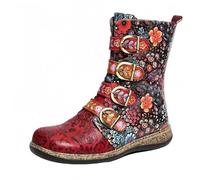 FQLGJMY donna mezzo vitello ginocchio alto cowboy combattere stivali Vintage etnico fiore design in pelle pizzo fino tondo dita del piede grosso tacchi bassi stivali da cavallo Boho inverno autunno